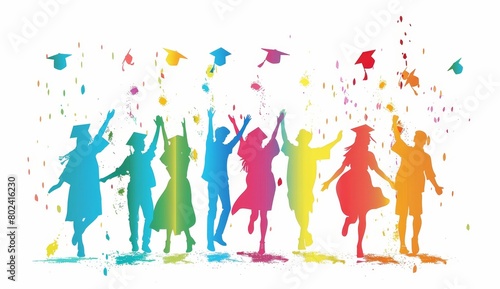 A silhouette of students celebrating their graduation on a white background with a colorful palette Generative AI