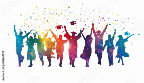 Silhouette of students celebrating graduation isolated on a white background  a colorful design Generative AI