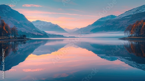 Calm lake with crystal clear reflections of mountains at sunset