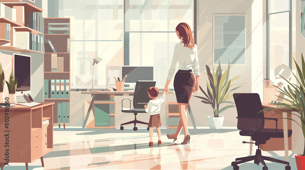 Illustrated scene of a businesswoman at work in her offce with her child, embodying work-life balance Illustrated scene of a businesswoman at work in her offce with her child, embodying work-life balance