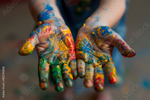 The hands are covered in paint and are being held up in the air