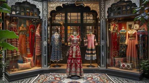 This is the interior of a store that sells women's clothing. There are several mannequins in the store, each wearing a different dress. © Awais