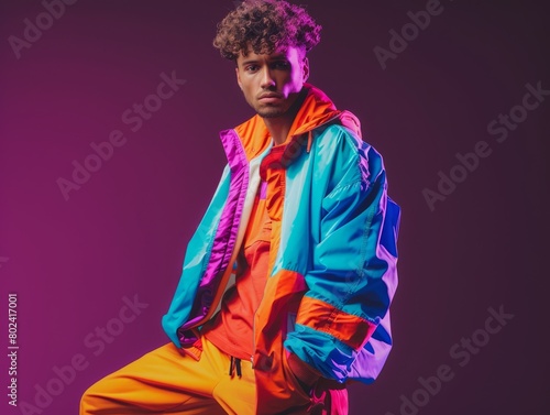 Adult Black Man with Brown Curly Hair neon style Illustration.