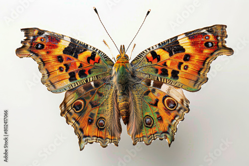 A butterfly with orange and black wings is flying in the air photo