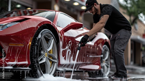 Man hand-washing a luxury red sports car. Detailing vehicle exterior. Professional car wash in action. Vivid colors and focus on the car. Lifestyle and auto care concept. AI