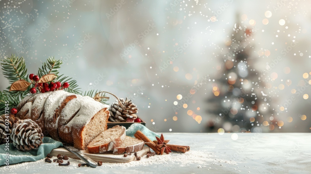 Obraz premium traditional Christmas bread adorned with an array of fruits and nuts, dusted in confectioners' sugar, elegantly presented on a white table cloth amidst winter decorations.