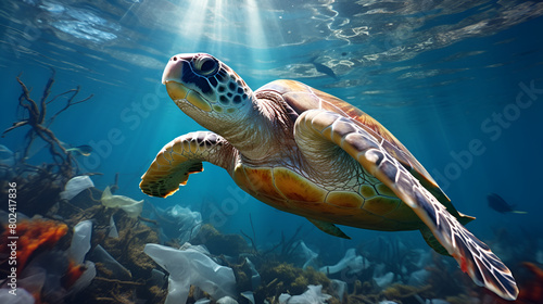 A turtle swims in the sea and looking so cute with sunlight and ocean background