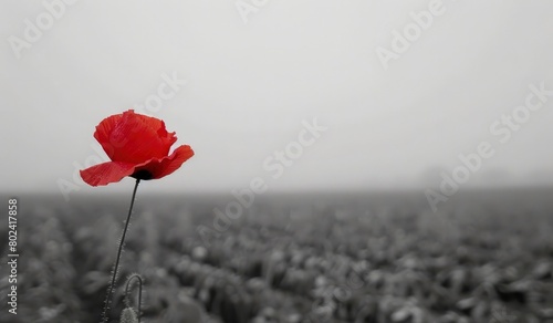 A red poppy flower in the foreground of an empty field
