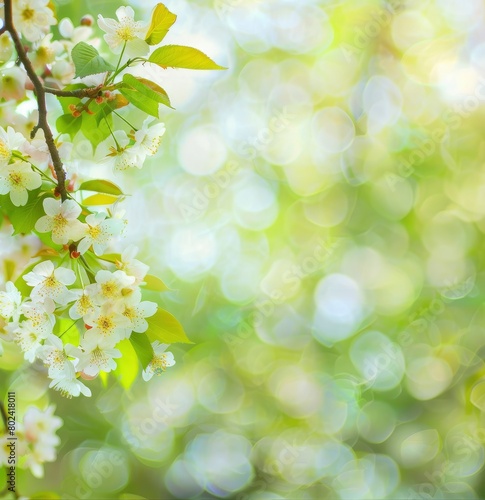 White flowers on the branches of a cherry tree with spring background .
