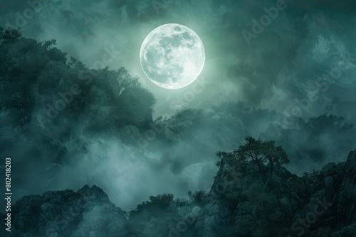 Full moon shining in the sky  foggy night with rocks and a misty background