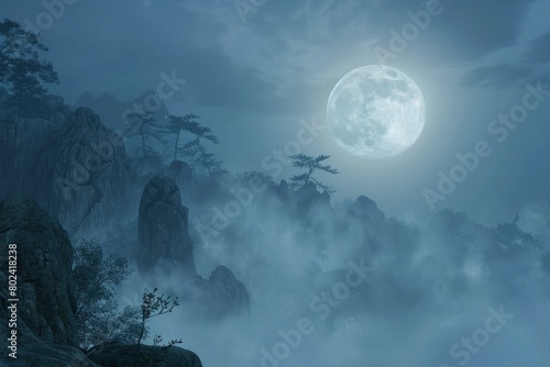 Full moon shining in the sky, foggy night with rocks and a misty background © Image