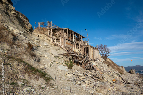 View of nice exotic wooden hut on beach Black Sea