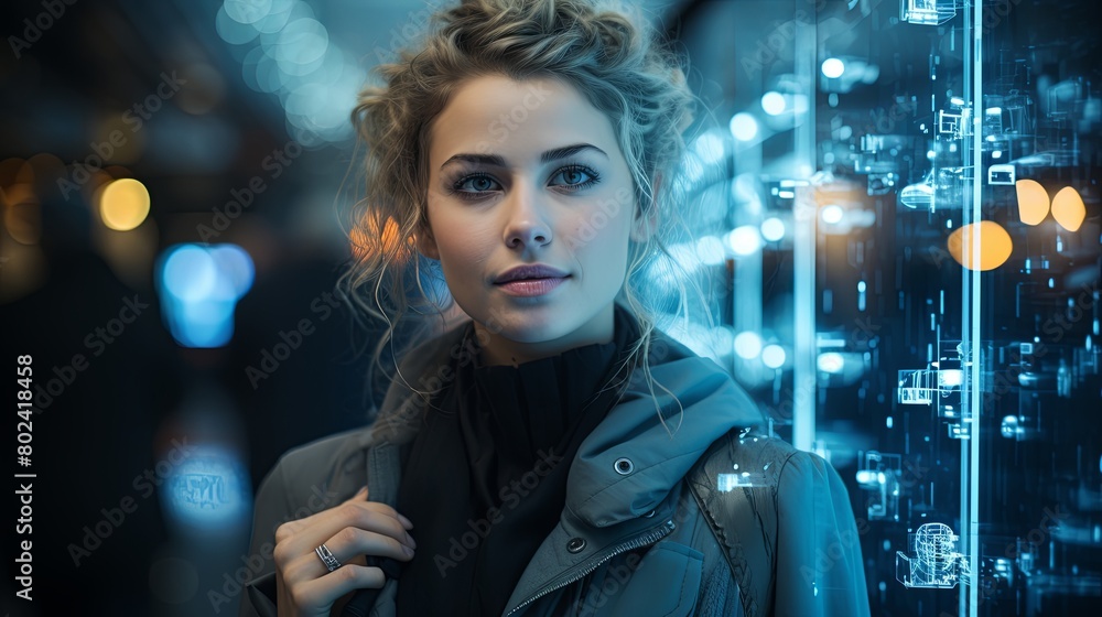 Woman Standing in Front of Glass Wall. Generative AI Woman Standing in Front of Glass Wall. Generative AI