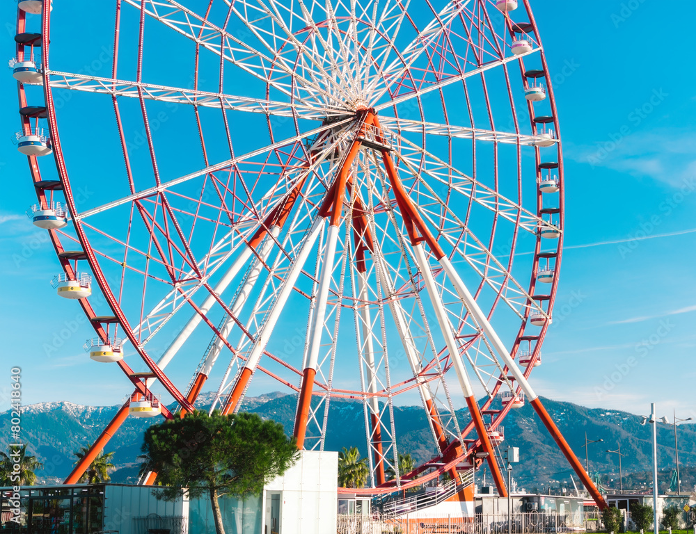 View of the Ferris wheel attraction against a background of blue sky between palm trees. Ferris wheel in the Georgian city of Batumi. View of the Ferris wheel attraction against a background of blue sky between palm trees. Ferris wheel in the Georgian city of Batumi.