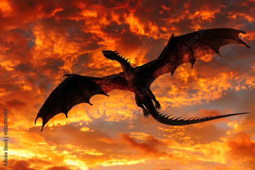 Fiery Dragon Soaring Across Stormy Sunset Sky Fiery Dragon Soaring Across Stormy Sunset Sky