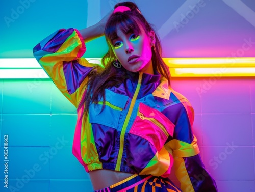 Adult Latino Woman with Brown Straight Hair neon style Illustration.