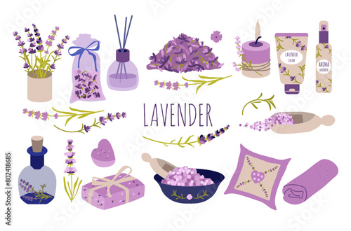 Set of lavender.Lavender aromatherapy and spa supplies, scented, candles,salt, candle holder, cream, towel ,incense sticks, soap