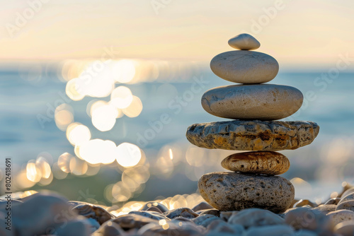 A stack of rocks on a beach with the ocean in the background