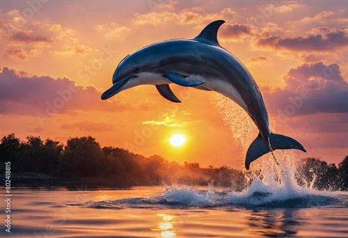 dolphin jumping into the sunset photo