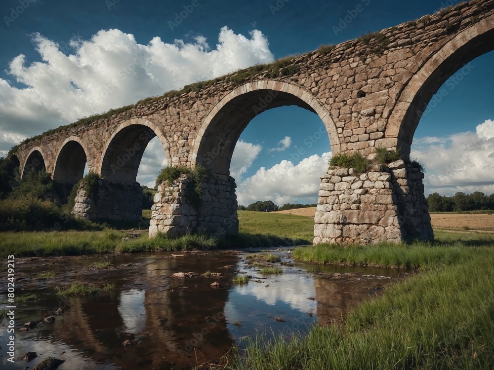 A bridge with arches and a body of water in the foreground