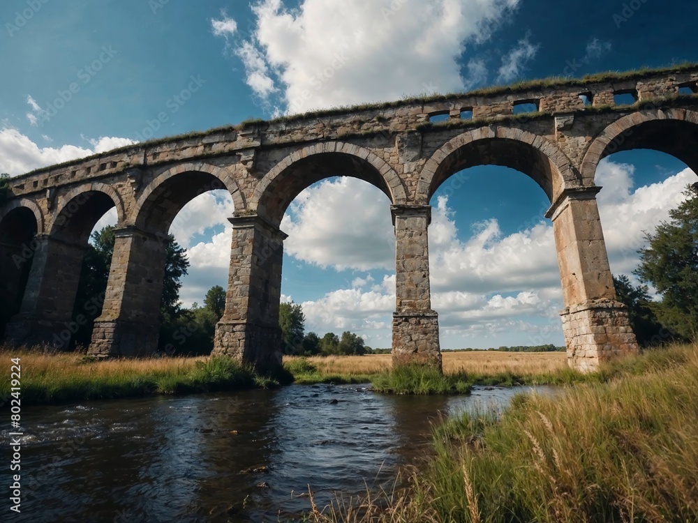 A bridge spans a river with a view of the sky above A bridge spans a river with a view of the sky above