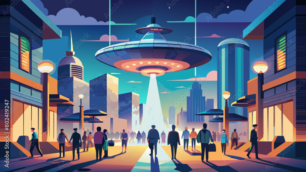Obraz premium Futuristic Cityscape with UFO and Diverse Crowd Under Starry Sky