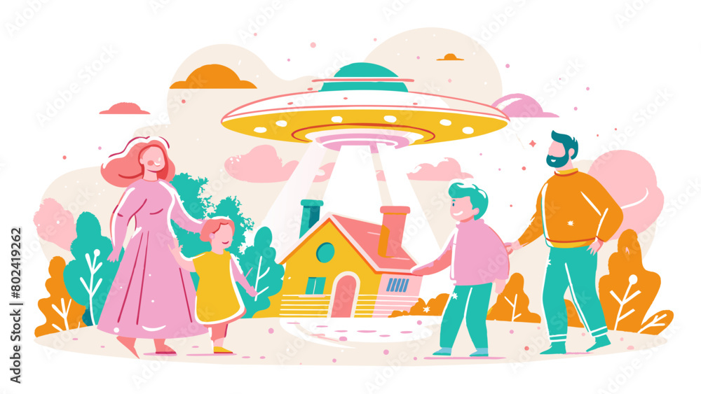 Whimsical Family Encounter with UFO in Pastel Countryside Illustration Whimsical Family Encounter with UFO in Pastel Countryside Illustration