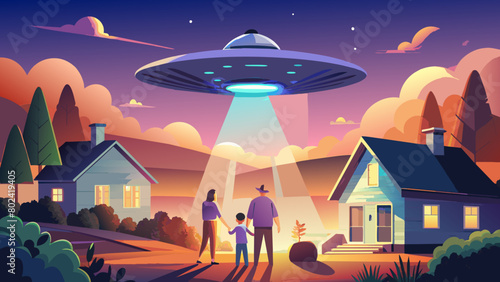 Family Watching UFO Landing at Dusk in Suburban Area