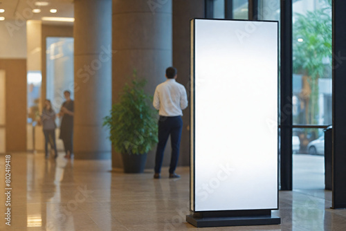 Mockup vertical billboard stand, digital lightbox standing in company's lobby photo