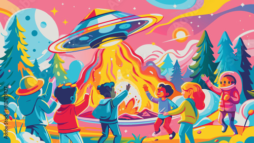 Vibrant Alien Encounter at Volcanic Eruption in a Fantasy Landscape
