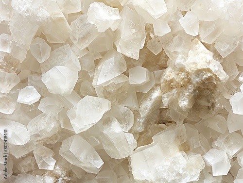 A detailed close-up of various interlocking natural crystals with translucent and opaque structures. photo