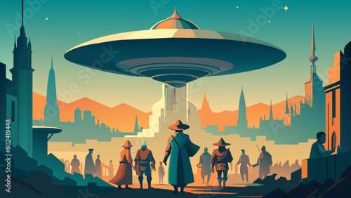 Futuristic Cityscape with Aliens and UFO Arrival at Sunset
