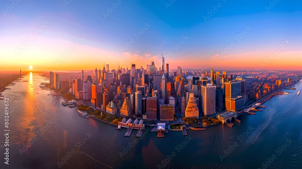 Panoramic view of a vibrant city skyline at sunrise. Golden hues over skyscrapers. Urban photography for stock. Perfect for travel and tourism themes. AI