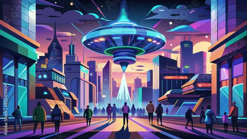 Futuristic Urban Landscape with Hovering Spaceship and Vibrant Cityscape