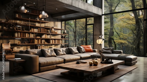 Spacious Living Room With Abundant Furniture and Windows. Generative AI © Анатолий Савицкий