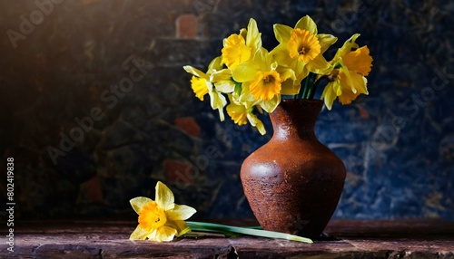 bouquet of yellow daffodils in a clay vase on a dark table. on a dark background