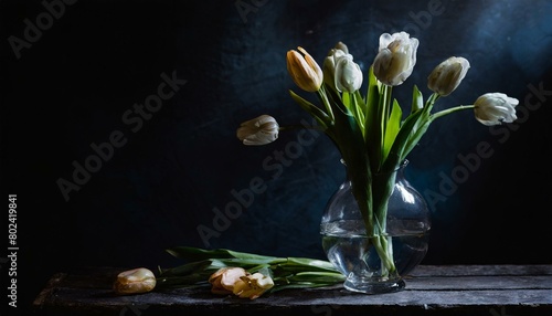 Fresh spring yellow and white tulips bouquet in vase on black table with dark background. Festive flowers for mother s, women s day, birthday.