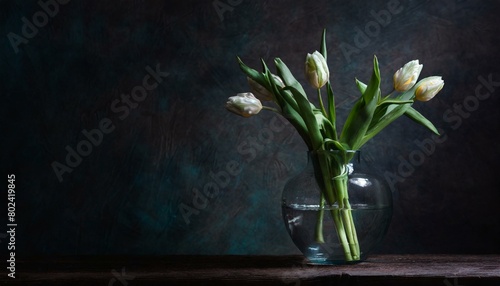 bouquet of white tulips in a transparent vase on a dark background