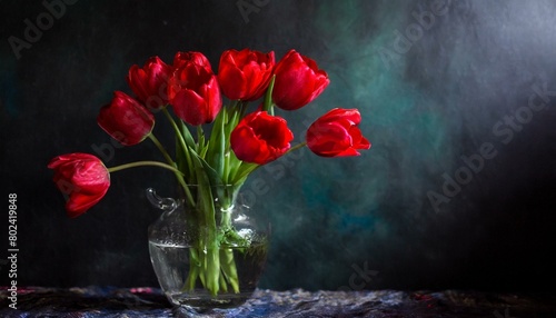 Classic still life with beautiful red and white tulip flowers bouquet in transparent glass vase. Art photography. Classic still life with beautiful red tulip flowers bouquet in transparent glass vase 