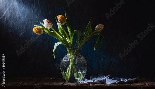 Fresh spring yellow and white tulips bouquet in vase on black table with dark background. 