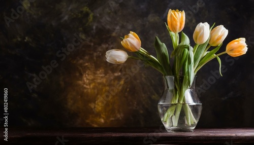 A beautiful bouquet of tulips in a transparent vase on a dark table. dark background.