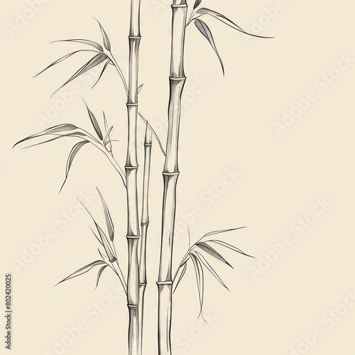 A black and white drawing of bamboo stalks with leaves against a beige background.