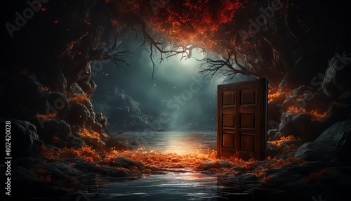 Conceptual stock image of a mysterious door opening to a glowing, magical realm, framed by dark trees in a mystical forest setting