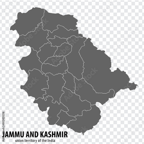 Blank map Jammu and Kashmir. High quality map of Jammu and Kashmir with districts on transparent background for your design. India. EPS10.