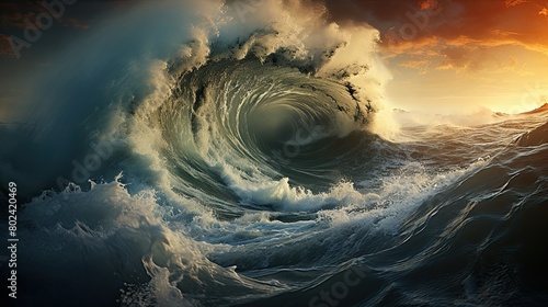 Massive Wave Rising in Open Ocean. Generative AI photo
