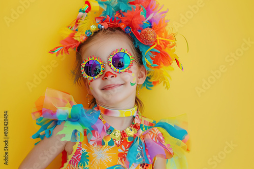 Child girl is dressed up in clown costume with colorful wig