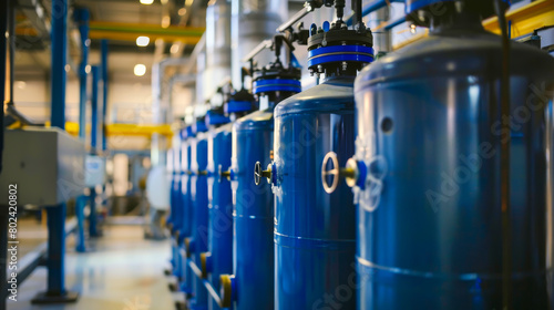 A row of blue tanks are lined up in a factory photo