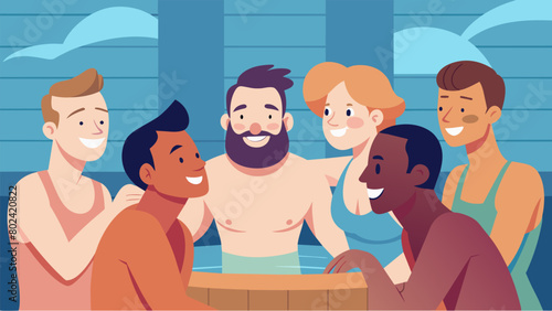 A group of friends giggling and huddling together in the sauna chatting about how the cold plunge will feel..