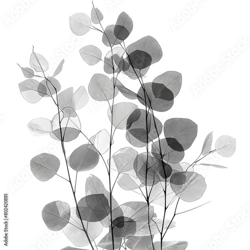 Black and white photo of eucalyptus leaves and branches on a white background.