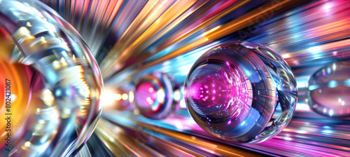 Transparent spheres glide through a vibrant, multi-colored light tunnel, creating a sense of rapid movement and futuristic appeal. Themes of speed, technology, abstract and innovation